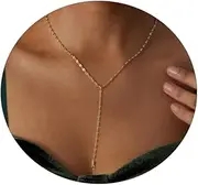 [JECOMY] 14K Gold Plated Lariat Necklace Dainty Long Gold Necklaces for Women Drop Y Necklace Cubic Zirconia Necklace Lip Chain Bar Bead Necklace Cute Jewelry for Teen Girls