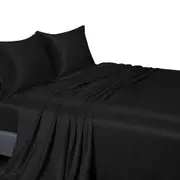 Silk Satin Sheet Set Flat Fitted Sheet And Pillowcase Double Queen King - Black