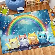 Cartoon Cat Rugs for Girls - Cute Cat Carpet Kids Room Decor Blue Animal Theme Carpet Rainbow Cat Area Rug for Bedroom Living Room Children Play Room Floor Mat 3x5 Feet