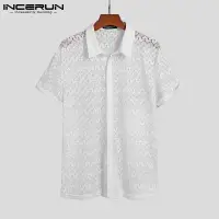 在飛比找蝦皮商城優惠-INCERUN男士時尚翻領印花透明短袖白色襯衫