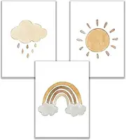 Set of 3 Picture Set Children's Room Wall Decoration - Boho Rainbow Cloud Sun Baby Room Pictures - Cute Wall Pictures for Children (DIN A4)