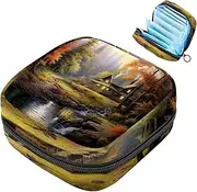 Period Bag,Sanitary Napkin Storage Bag,Forest House Mountain River,Tampon Bag for Purse