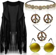 Morakot 6 Pcs 60s 70s Outfits for Women Hippie Costume Set Peace Sign Earring Headband Fringe Vest Tassel Cardigan Black 3X-Large