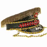 Black Military Captain Hat with Rhinestone and Gold chain For Burning Man Party
