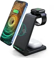 KIYOSAKI Wireless Charger, 3 in 1 Charging Station, Charging Dock for AirPods, Watch Stand for Apple Watch, Qi Fast Charging Stand for Samsung Galaxy, iPhone and All Qi-Enabled Devices (Black)