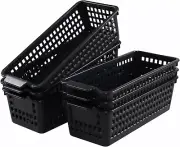 6-Pack Slim Plastic Storage Baskets, Black Plastic Rectangle Storage Baskets