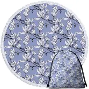 Black and White Flowers Drawing Round Beach Towel