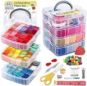 INSCRAFT 403 Pack Embroidery Floss Set, 250 Colors Cross Stitch Friendship Bracelet Thread with 153 Pcs Cross Stitch Tool, 4-Tier Transparent Box for Storage