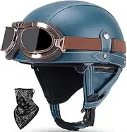 Vintage Leather Motorcycle Half Helmet Moped Open Helmet Half Shell Helmet with Goggles DOT/ECE Approved Built-in Visor for Adult Men Women Motorcycle Scooter Chopper