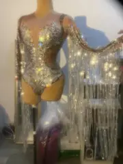 Sparkly Silver Rhinestone Sequin Tassel Bodysuit DS Singer dance Stage Fringes
