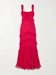 [Saloni] Saloni - Chandra Ruffled Plissé Silk-georgette Maxi Dress - Fuchsia - UK 12 UK 12 Pink