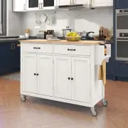 Kitchen Island Cart on Wheels w/ Spice & Towel Rack Cabinet Drawer Shelf White