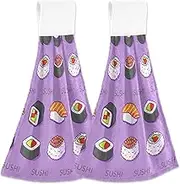 RPLIFE Bath Towels with Hanging Loops for Bathroom, Soft Quick Dry Kids Hand Drying Towels, 18.2 x 14 Inch, Set of 2, Sushi Purple