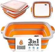 Asado Collabsible XL BBQ Prep Tub w/Cutting Board, Colander & Lid - Great for Tailgating, Barbecue, Meal Prep and Food Storage - Orange