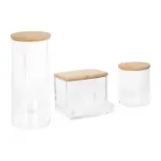 3pc Reusable Plastic Bathroom Canister Set with Bamboo Lid Cotton Bud Pad Holder