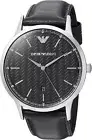 Emporio Armani AR8035 Silver Tone Black Dial Black Leather Strap Mens Watch