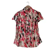 Sere Naden Serenade Top sz M Orange Black Print Button Up Slit Flutter Sleeve