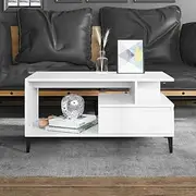 White Coffee Table, 90x49x45 cm, Engineered Wood with Metal Feet, Ample Storage, Sturdy Top, Perfect for Living Room Furniture and Home Décor