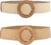 [LUTER] 2pcs Braided Waist Belts for Dresses Women, Straw Elastic Waist Belts Summer Beach Dress Belts Ladies Braided Wooden Buckle Wide Waist Belts for Women Dresses (White, Light Tan), White, Light Tan, m