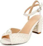 [Goolita] Full Pearl Heels For Women Block Buckle Ankle Strap Heeled Sandals Rhinestone Open Toe Evening Bridal Shoes For Wedding