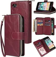 YocoverTech for iPhone 7/8 Case, for iPhone SE 2020/SE 5G 3rd Gen Wallet Case[9 Card Slots+1 Cash Slot] PU Leather Stand Flip Zipper Wallet Cover[4.7 inch]-Wine Red
