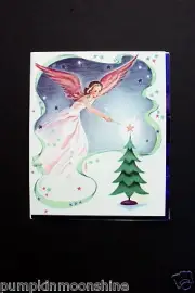 Vintage Unused 1930's Xmas Greeting Card Lovely Angel Lighting the Tree Star