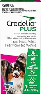 Credelio PLUS Dog Flea and Tick Treatment, Single Pack, Ticks, Fleas, Mites, Heartworm & Worms Parasite Protection, in The Smallest Monthly Chewable Tablet for Dogs > 2.8-5.5 kg, 1 Pack