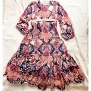 NWT Zimmermann LAUREL BILLOW EMB MIDI DRESS pink purple linen AU2 bust 36 S