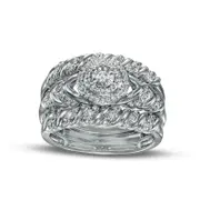 0.50 CT. T.W. Natural Diamond Double Frame Spiral Three Piece Bridal Engagement Ring Set in Solid 10K White Gold (J/I3)