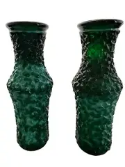 Pair Of Vintage Czech Textured Malachite Green Glass Vases 6”H NOS