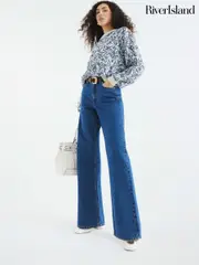 River Island Dark Blue 1 High Waisted Relaxed Straight 100% Cotton Jeans (F19346) | $108