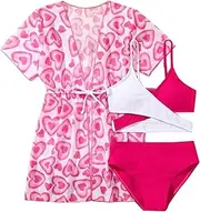 [Dinglong] Big Girls 3-Piece Print Tankini Sets Blouse Sunscreen Swimsuit Protective Bikini Beach Swimwear 7-12 Years
