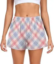 [FRODOTGV] Pale Violet Red Checks Women Athletic Shorts Elastic Waisted Work Out Shorts for Gym Lounge Beach Home Outdoor S