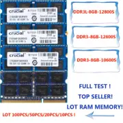 Crucial 8GB DDR3L / DDR3 12800 / 12800S / 10600S Laptop Memory RAM Lot CL9 CL11