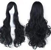 80cm Long Curly Natural Hair Cosplay Wig with Bangs Colorful Halloween Costume Party Wigs for Women (Black)