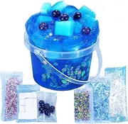 Premade Crystal Slime Blueberry Blue Jelly Cube Glimmer Crunchy Slime, Includes 6 Sets of Slime Add-ins, Party Favors for Kids, Sensory and Tactile Stimulation, Stress Relief, for Girls & Boys
