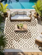 JBGO Outdoor Rug - Patio Rug - Reversible Woven Lightweight Large Recycled Plastic Striped Stain Proof Indoor Area Runner Mat - Deck, Patio, Camping, Picnic, Balcony - Doe&Coconut Milk - 4' x 6‘