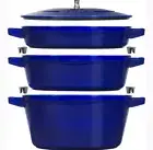 NIB $1057 STAUB Blue Enameled Cast Iron 4 Piece Set Stackable Cookware Cocotte