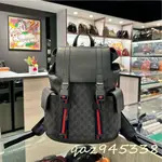 全新正品免稅店代購GUCCI 495563 黑色 PVC 牛皮 藍紅藍 雙口袋 後背包 雙肩包 書包