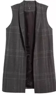 XL NEW EILEEN FISHER DARK ASH WINDOWPANE WOOL BLEND FLANNEL LONG VEST W/ LINING