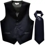 New Men's Solid Tuxedo Vest Waistcoat & Ascot Cravat Navy Blue Wedding formal