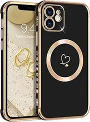 [GUAGUA] for iPhone 12 Case Magnetic, Cute Heart Pattern Lovely, Soft TPU Gold Plating Cover Women Girl Drop Protection & 4 Corners Shockproof, Compatiable with Magsafe, Stylish Phone Case, Black