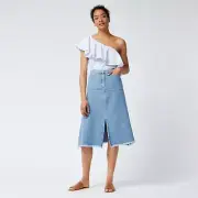 NEW WAREHOUSE DENIM SPLIT FRONT RAW FRAYED HEM MIDI A-LINE SKIRT SUMMER LOOK 10