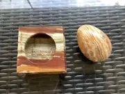 ALABASTER ASHTRAY AND EGG PAPER WEIGHT SET BEIGE & TAN TONES NEW