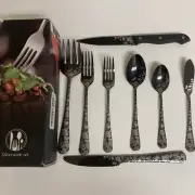 Fivent Black Floral Damask Rose Silverware Set, Service for 4, Stain...