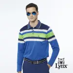 【LYNX GOLF】男款歐洲進口布料純棉絲光配色條紋胸袋款長袖POLO衫/高爾夫球衫(藍色)