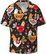 [VPPUR] Cute Rooster Chickens Print Fashion Short Sleeve Button Down Cuban Collar Shirt Left Chest Convenient Pocket