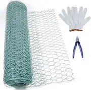 Chicken Wire Mesh Roll, 10x0.4m Galvanized Hexagonal Chicken Wire Fencing, Green PVC Coated Garden Mesh Fencing with Pliers & Gloves for Home Garde