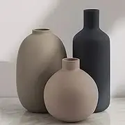 Ceramic Modern Farmhouse Vase, Neutral Small for Table, Living Room, Shelf, Bookshelf and Entryway Décor, Set of 3