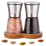 Salt and Pepper Grinder Set with Wooden Standing Tray, Refillable Pepper Mill...